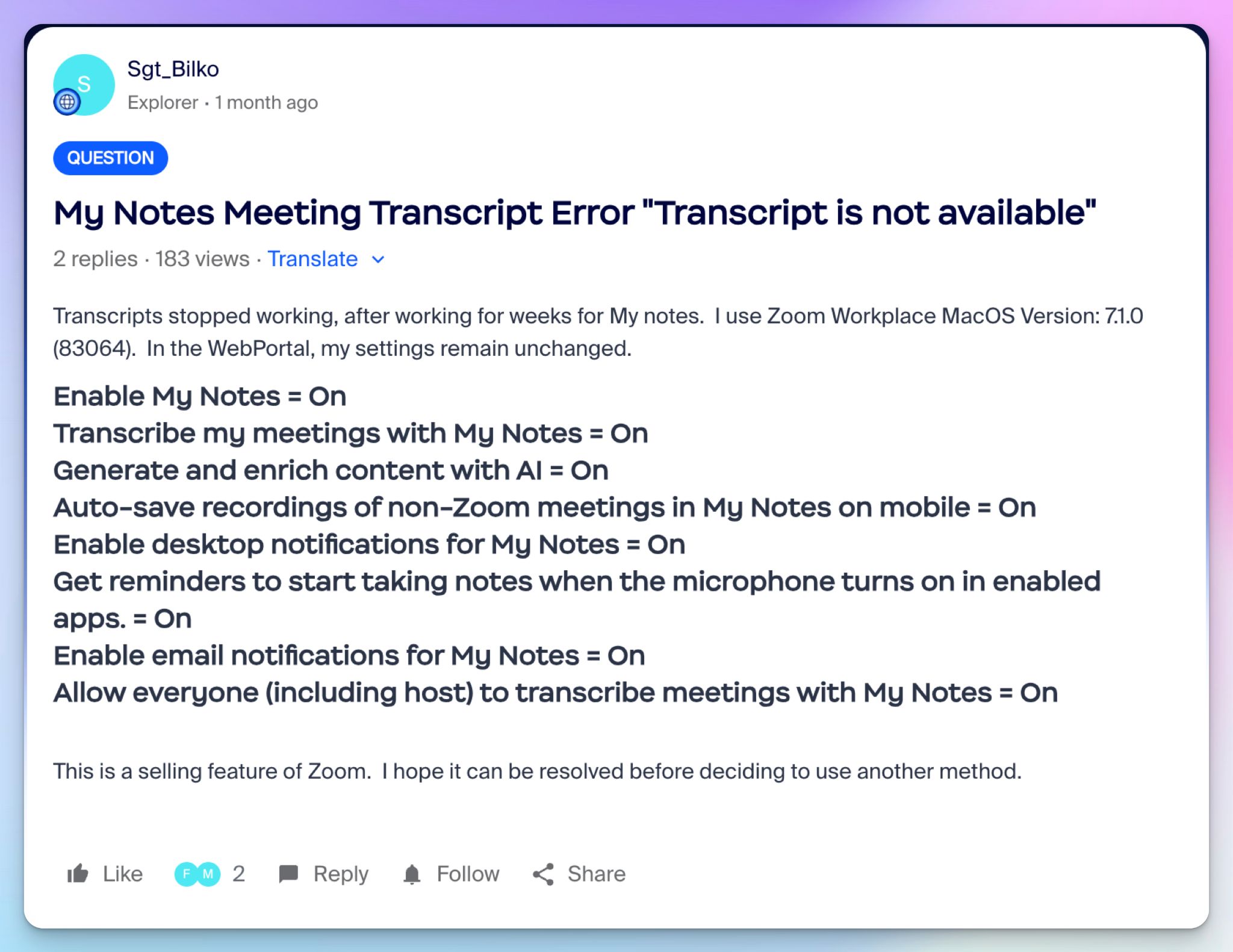 Zoom My Notes breaks frequently due to too many settings