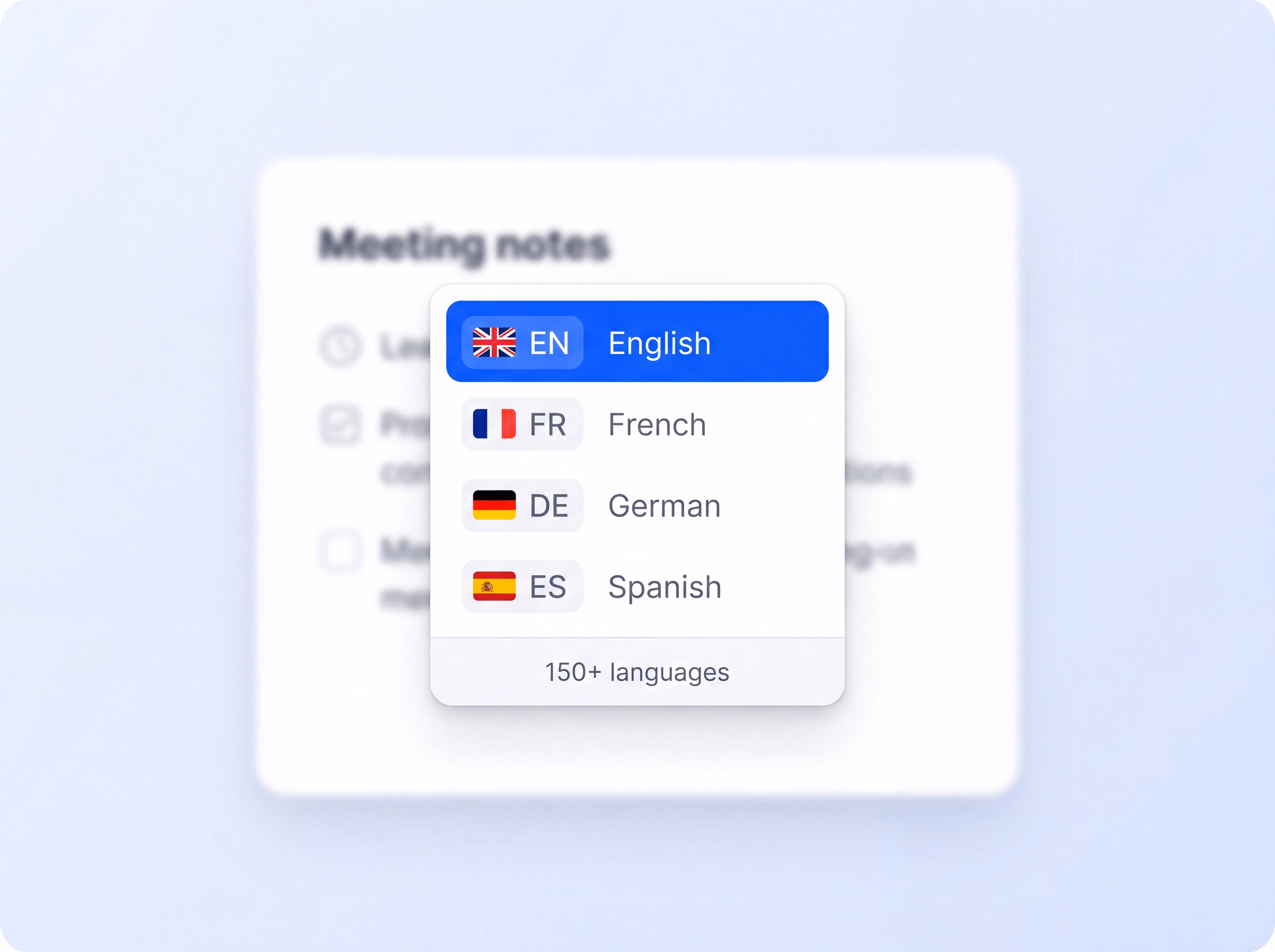 Language selector over a meeting note in HappyScribe