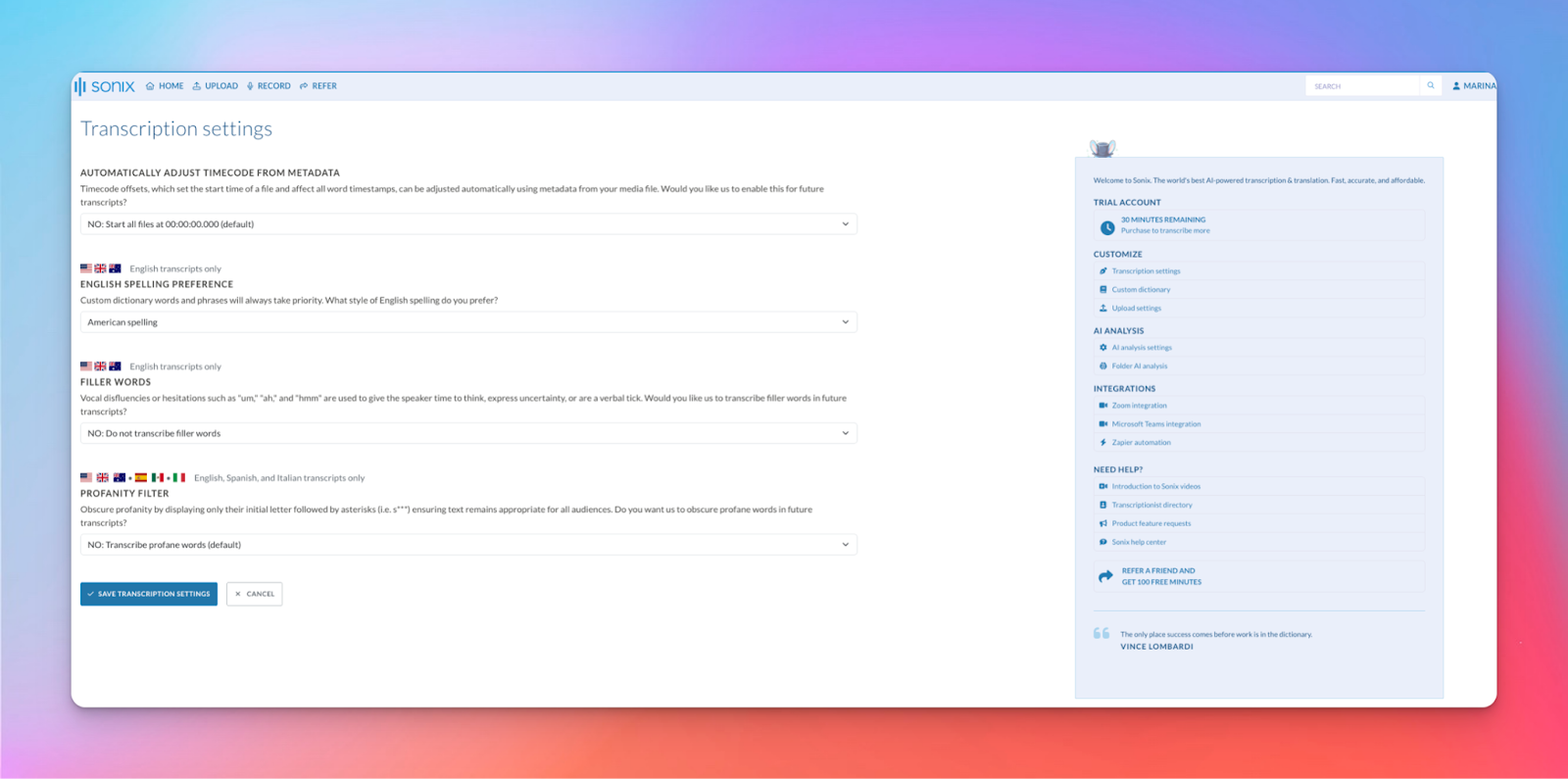 transcription settings