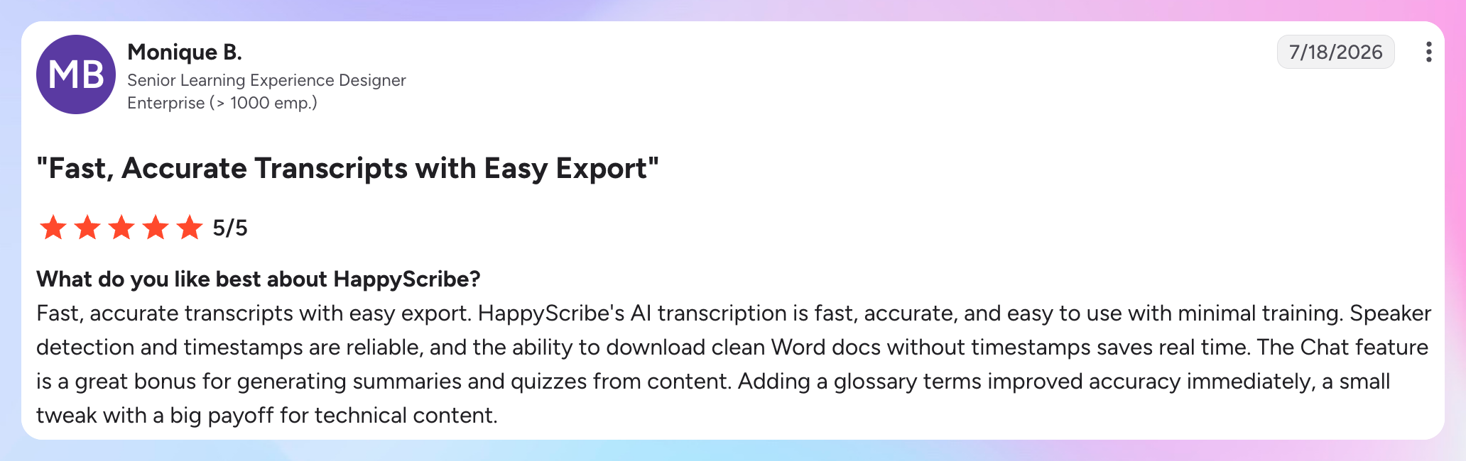 HappyScribe customer testimonial from G2