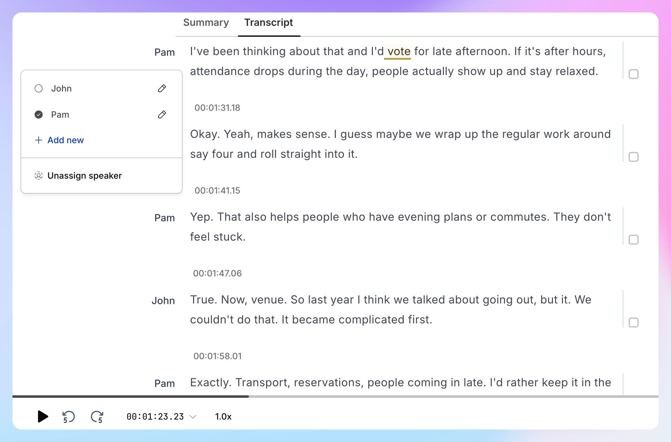 HappyScribe's transcripts include clear speaker labels