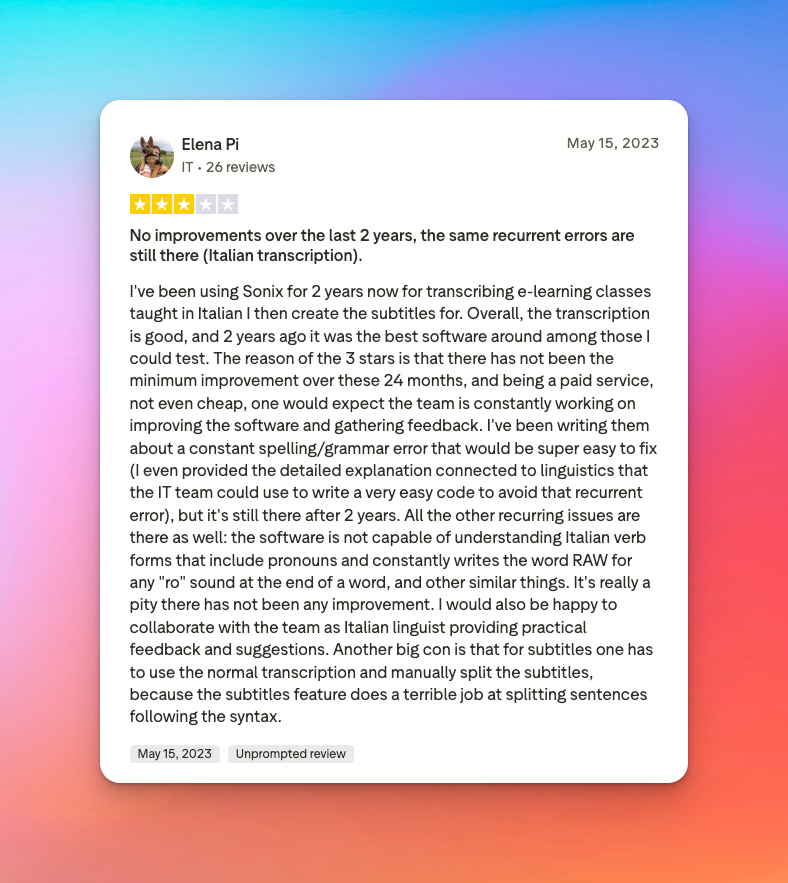 Review from Trustpilot of an actual user of Sonix