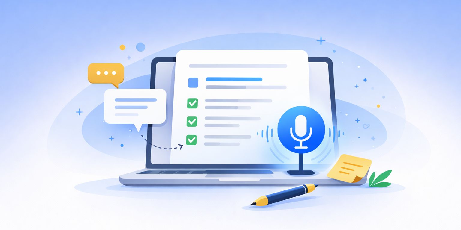 AI meeting minutes workflow showing a laptop with checklist, chat bubbles, microphone, pen and notepad representing automated transcription and documentation