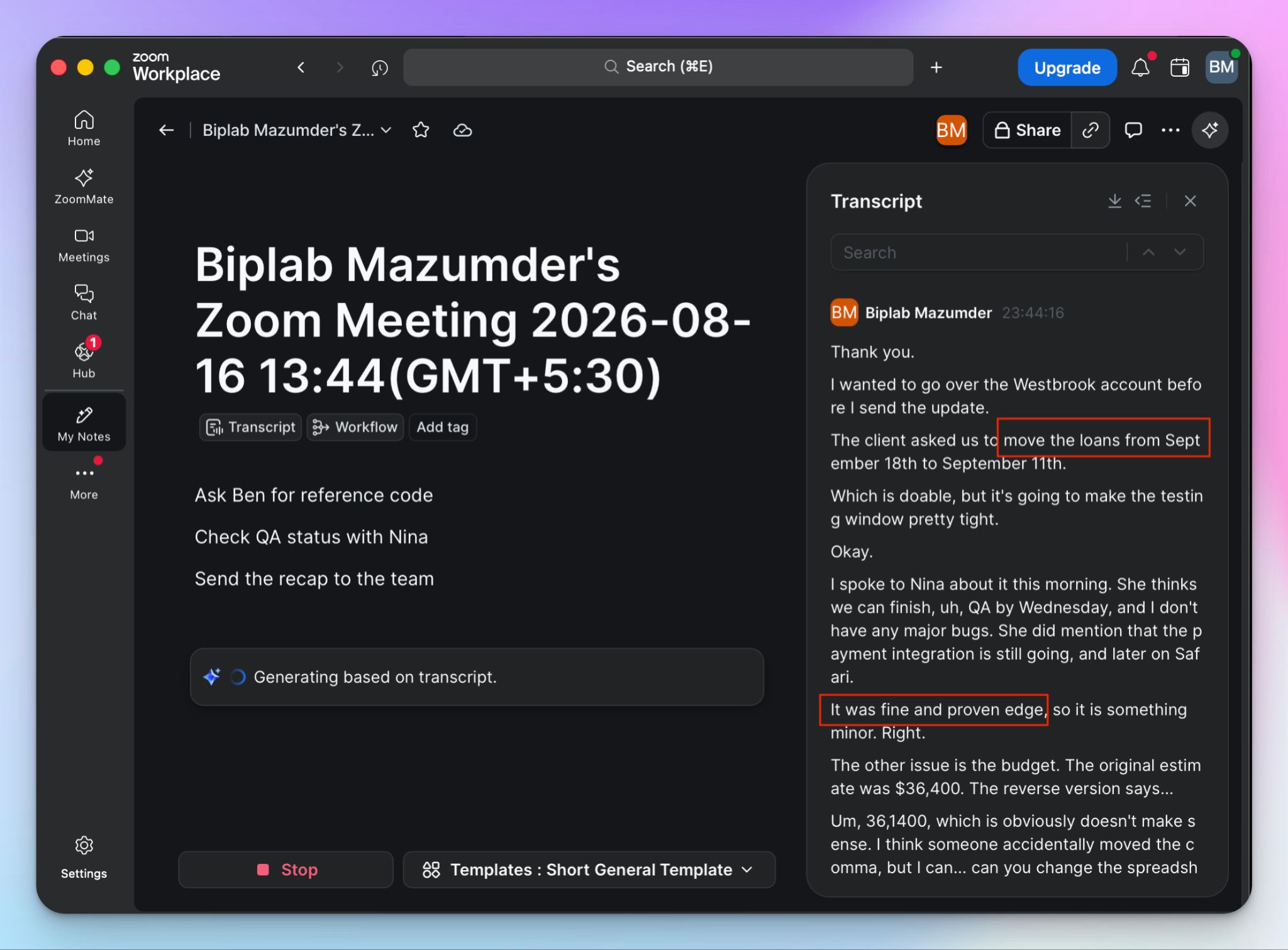 Zoom My Notes meeting transcripts struggle with accuracy