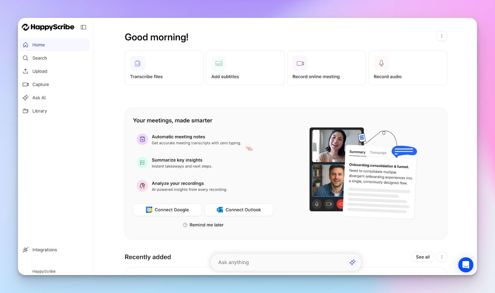 HappyScribe Dashboard – das beste KI-Tool für Meeting-Notizen