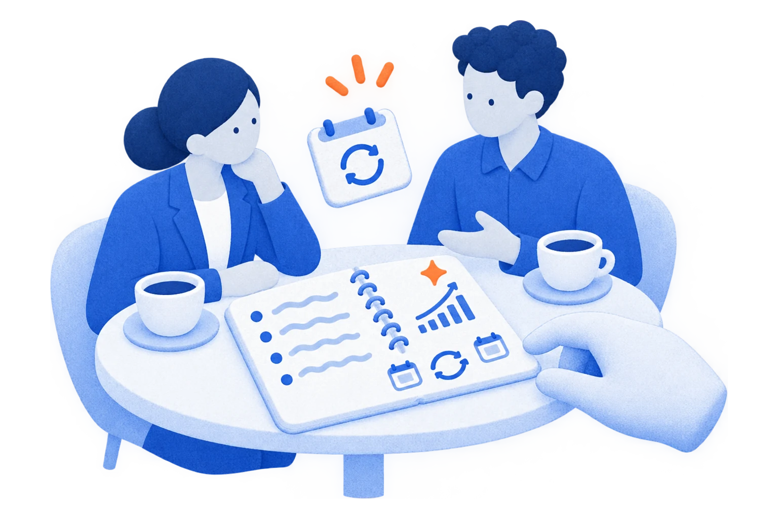 Dois colegas numa reunião individual numa mesa de café, com caderno de notas, gráfico de progresso e calendário recorrente