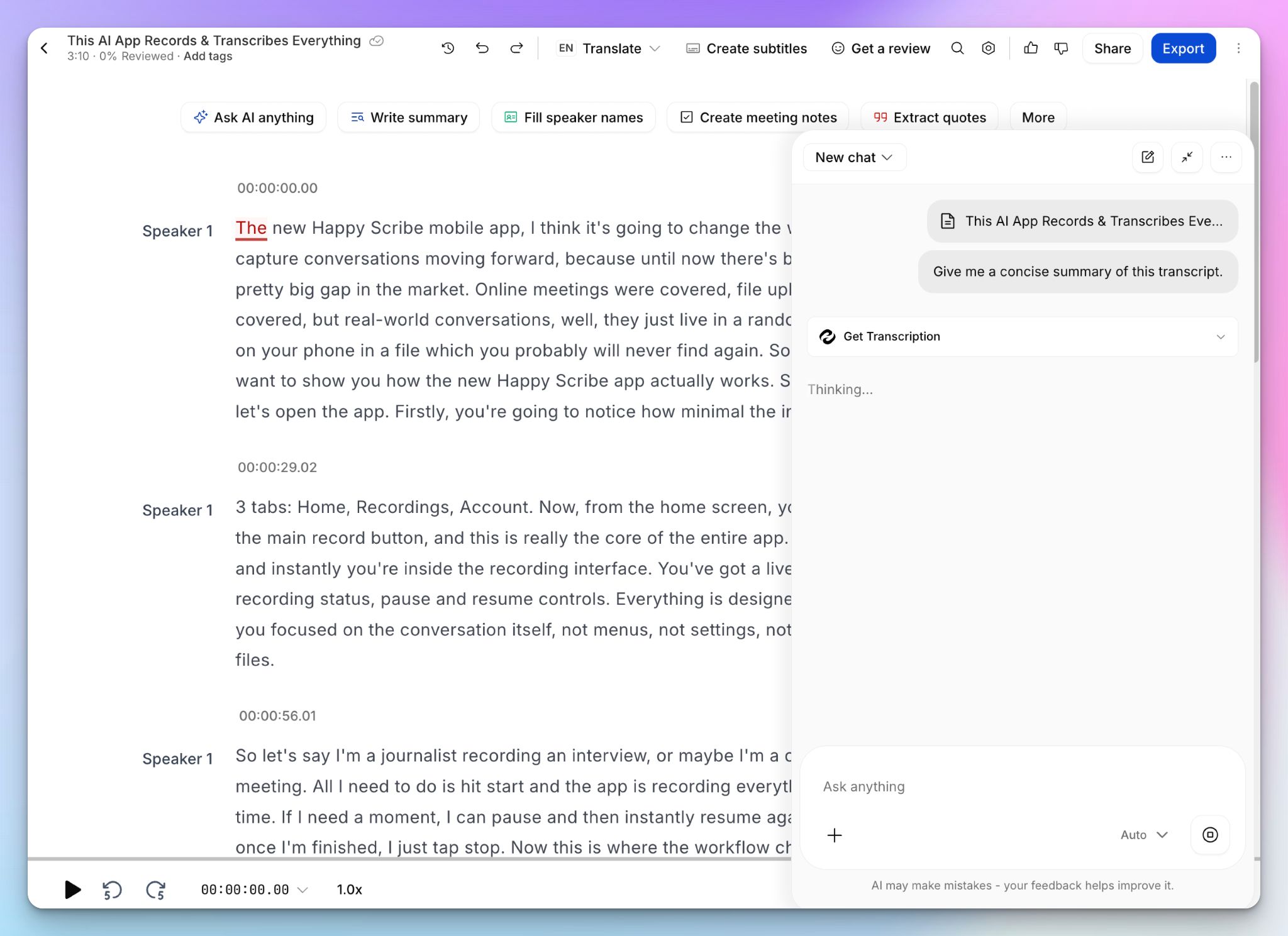 Use HappyScribe AI Chat for deep dives